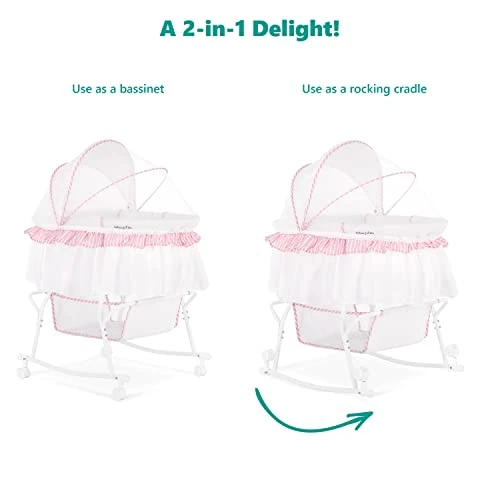 Dream On Me Lacy Portable 2-in-1 Bassinet & Cradle In Pink And White, Lightweight Baby Bassinet With Storage Basket, Adjustable And Removable Canopy - Image 3