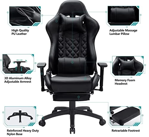 Blue Whale Heavy Duty Gaming Chair With Air-Cooling System, 350LBS Reinforced Nylon Base, High Back Racing Computer Chair With Adjustable Linked Armrest, PU Leather Ergonomic Office Chair - Image 4