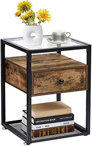 VECELO End Tables,Glass Top Nightstands With Drawer And Metal Frame,Set Of 2 For Living Room,Bedroom,Lounge,2 Set, Antique Brown - Image 13