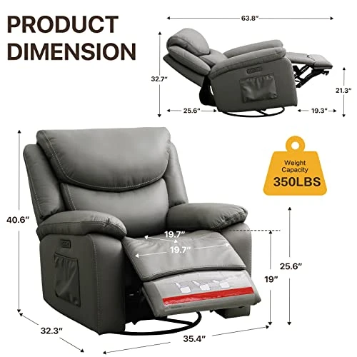 Luffield Large Electronic Power Recliner Chair, 270 Degree Swivel Recliners Comfy Glider Rocking Chairs With USB & Type-C Ports,Soft Fabric Sofa Chair For Living Room - Image 2