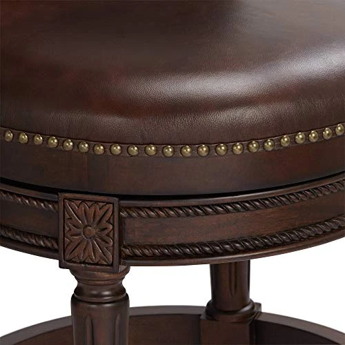 55 Downing Street Addison Walnut Wood Swivel Bar Stool Brown 26" High Traditional Scroll Mocha Grain Leather Upholstered Round Cushion With Backrest Footrest For Kitchen Counter Island Home - Image 2