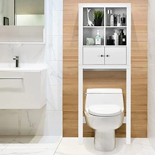 LOKO Over The Toilet Storage Cabinet, 2-Door Tall Bathroom Organizer W/ 4 Open Compartments & Adjustable Shelves, Modern Simple Toilet Space Saver, Ideal For Bathroom Laundry Balcony (Espresso) - Image 7