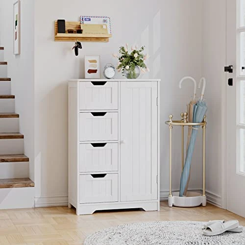 FOTOSOK Bathroom Floor Cabinet, Freestanding Storage Cabinet With 4 Drawers & 1 Cupboard, Adjustable Shelf For Bathroom Entryway Living Room, White - Image 2