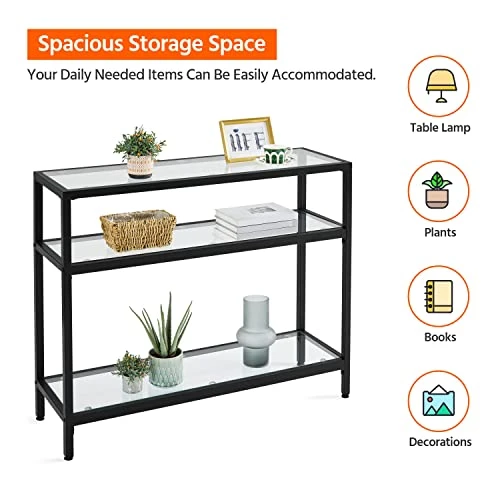 Yaheetech 39.5" Console Table With 3 Shelves,Tempered Glass Sofa Table, Modern Entryway Table With Metal Frame For Hallway Living Room Bedroom, Easy Assembly, Black - Image 4