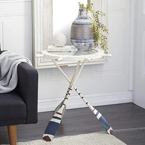 Deco 79 Metal Round Accent Table With Oar Shaped Legs, 16" X 16" X 28", White - Image 7