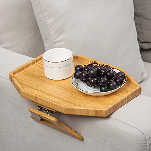 LOVYANXUE Bamboo Sofa Arm Tray Table, Portable Couch Arm Table Armrest Tray, Sofa Arm Clip Table For Small Spaces, Stable Couch Tray For Eating/Drinks/Phone/Remote - Image 2