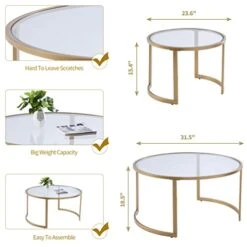Round Nesting Coffee Table Set Of 2, Modern Side Tables With Sturdy Metal Frame And Tempered Glass, Minimalist End Table, Cocktail Table For Dining Room, Living Room, Home Decor (Gold)