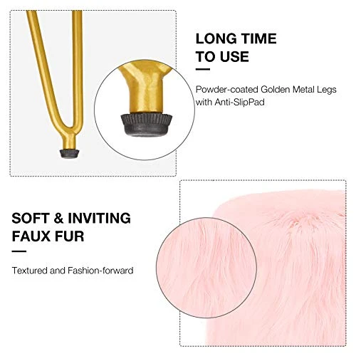 GREENSTELL Vanity Stool Chair With Storage, 15.75" W X 19.29" H Round Faux Fur Ottoman With 4 Metal Legs, Furry Padded Seat, Modern Multifunctional Makeup Stool For Bedroom Living Room Pink - Image 4