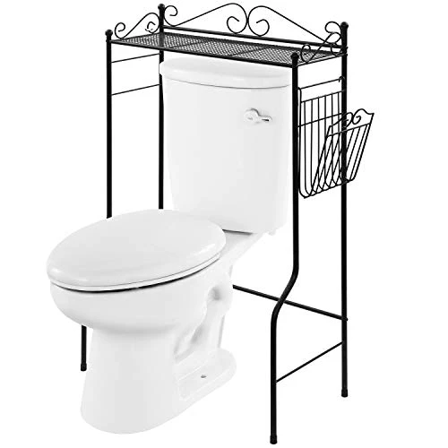 MyGift Black Metal Bathroom Over The Toilet Shelf With Magazine Basket, Space Saver Freestanding Storage Organizer Rack - Image 5
