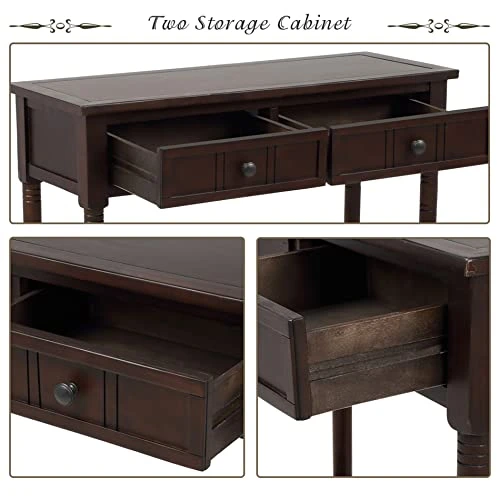 P PURLOVE Sofa Table Antique Style Wooden Console Table With 2 Drawers And Bottom Shelf (Dark Espresso) - Image 4