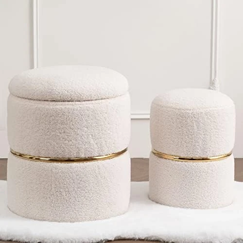 Furnimart Round Bronzing Velvet Storage Ottoman,Vanity Stool Chair,Upholstered Foot Rest Stool With Gold Plating Band For Living Room Or Bedroom,Pack Of 2 - Image 14