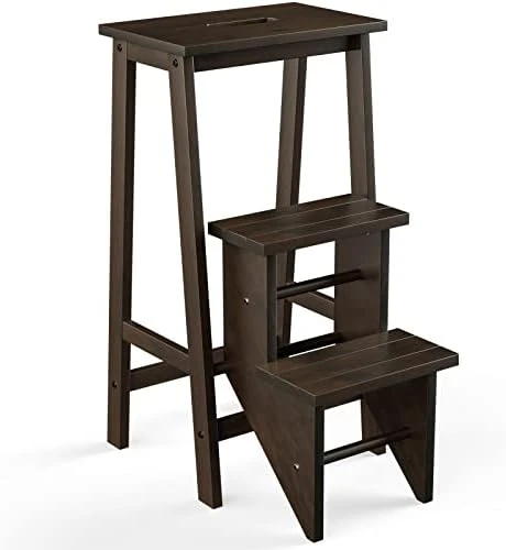Giantex 3 Tier Folding Step Stool, Multifunction 3-in-1 Wood Step Stool, Portable Seat Display And Storage Shelf For Library, Home Kitchen (Light Walnut) - Image 5