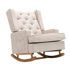 Dolonm Nursery Rocking Chair Upholstered Mid Century Modern Rocker Oversized Wingback Armchair For Living Room With Solid Wood Base (Beige)