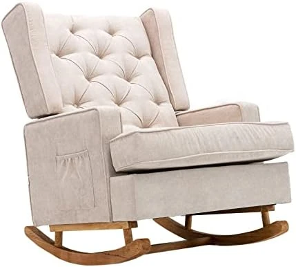 Dolonm Nursery Rocking Chair Upholstered Mid Century Modern Rocker Oversized Wingback Armchair For Living Room With Solid Wood Base (Beige) - Image 7