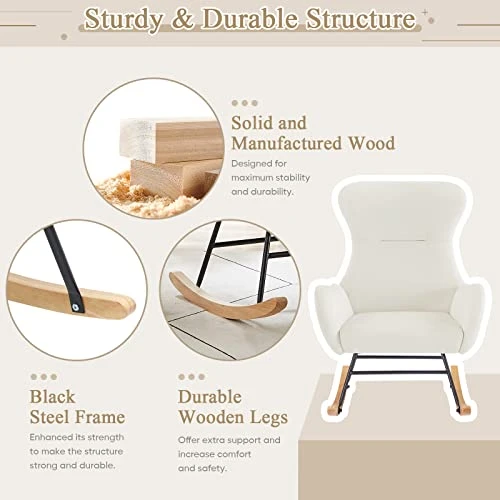 KINFFICT Accent Rocking Chair, Velvet Tufted Upholstered Glider Rocker For Nursery, Comfy Armchair With Side Pockets, Modern Lounge Arm Chair For Living Room, Bedroom (Velvet Off White) - Image 6