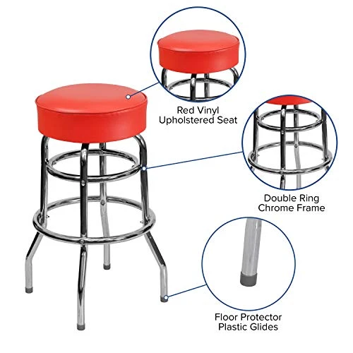 Flash Furniture Bruno 2 Pack Double Ring Chrome Barstool With Red Seat - Image 4
