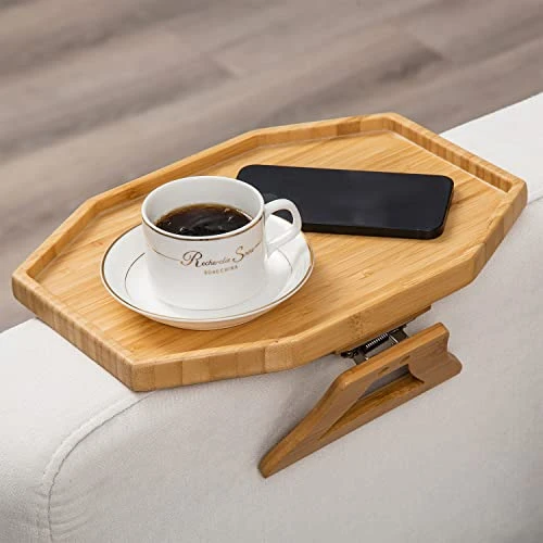 LOVYANXUE Bamboo Sofa Arm Tray Table, Portable Couch Arm Table Armrest Tray, Sofa Arm Clip Table For Small Spaces, Stable Couch Tray For Eating/Drinks/Phone/Remote