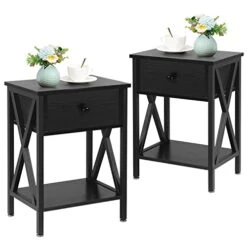 VECELO Nightstands, Modern End Side Tables,Night Stand With Drawer &Storage Shelf For Bedroom Living Room Office Lounge, 2, Black