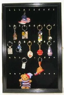DisplayGifts Keychain Display Case Wall Mounted Solid Wood Cabinet Shadow Box With Hooks Black