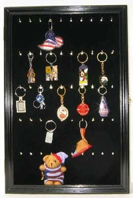 DisplayGifts Keychain Display Case Wall Mounted Solid Wood Cabinet Shadow Box With Hooks Black