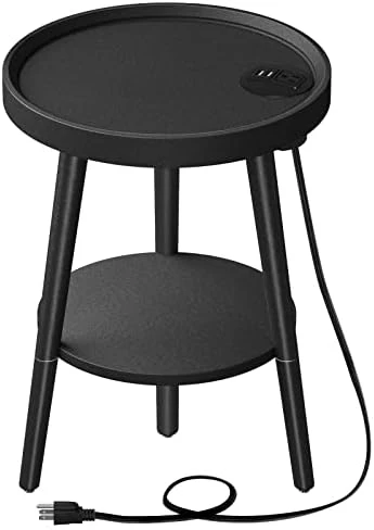 GREENSTELL End Table With Charging Station, Round Side Table With Storage Shelf, USB Ports And Anti-Drop Fence, 2-Tier Small Nightstand Sofa Table For Living Room, Bedroom White 15.0*15.0*20.4inches - Image 6