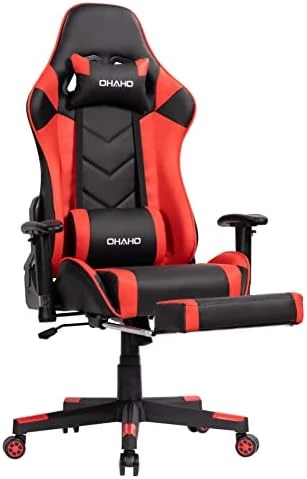 OHAHO Gaming Chair Racing Style Office Chair Adjustable Massage Lumbar Cushion Swivel Rocker Recliner Leather High Back Ergonomic Computer Desk Chair With Retractable Arms And Footrest (Pink/White) - Image 9