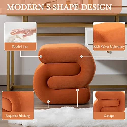 LETESA Modern Velvet Upholstered Ottoman, Exquisite Small End Table, Soft Foot Stool With S-Shape, Dressing Makeup Chair, Comfortable Seat For Living Room, Bedroom, Entrance (Orange, S-Shape) - Image 2