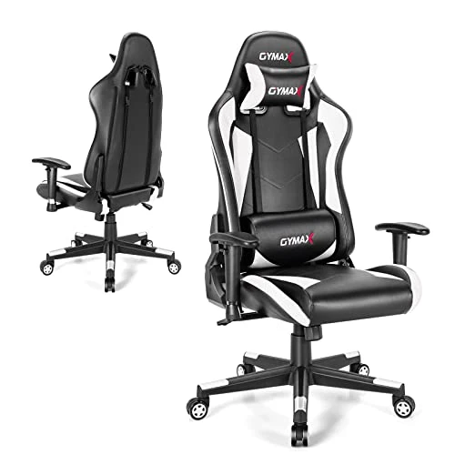 GYMAX Computer Gaming Chair, Racing Style Office Chair With Adjustable Lumbar Support Headrest, 360° Swivel, Height Adjustable Ergonomic Reclining Gaming Chair For Home Office Leisure Room (White)