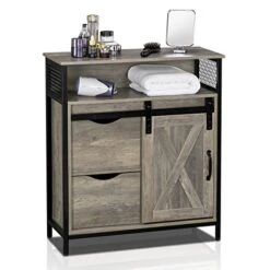 VINGLI Farmhouse Bathroom Floor Storage Cabinet, Rustic Freestanding Cabinet Organizer W/Sliding Barn Door, 2 Large Drawers And Adjustable Shelves (Wash Grey)