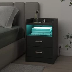 HOSEOKA Nightstand With Charging Station And LED Lights, Modern Nightstands End Table With 2 Drawers With USB Ports Bedside Tables For Office Living Room Bedroom (Black)
