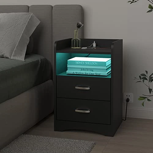 HOSEOKA Nightstand With Charging Station And LED Lights, Modern Nightstands End Table With 2 Drawers With USB Ports Bedside Tables For Office Living Room Bedroom (Black)