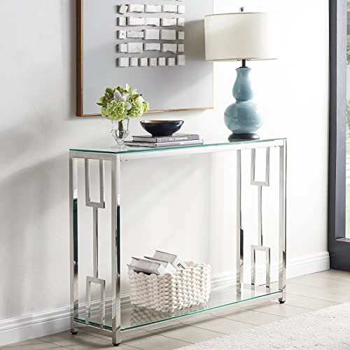 Modern Console Table Double Layer With Shelf, 41.7" Sofa Table With Tempered Glass Top, Stainless Steel Leg, Narrow Table Entryway Table,Hallway Table For Entryway,Living Room,Hallway Clear