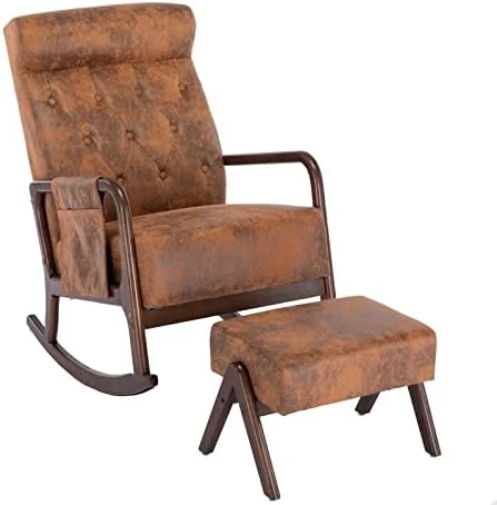 UPYOOE Nursery Rocking Chair Mid-Century Modern Chair With Ottoman Leather Arm Chair High Back with Side Pocket Comfy Glider Rocker Chair For Living Room Baby Room Bedroom (Brown PU Leather) - Image 7