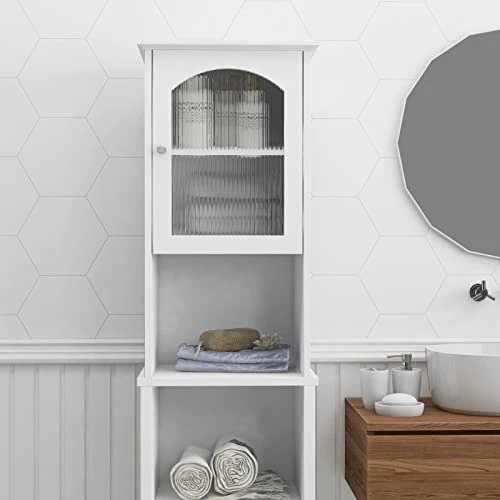 OQSC Bathroom Storage Cabinet Narrow Tall Slim Floor Cabinet With 2 Glass Door & Adjustable Shelves For Bathroom Kitchen Living Room,White - Image 3