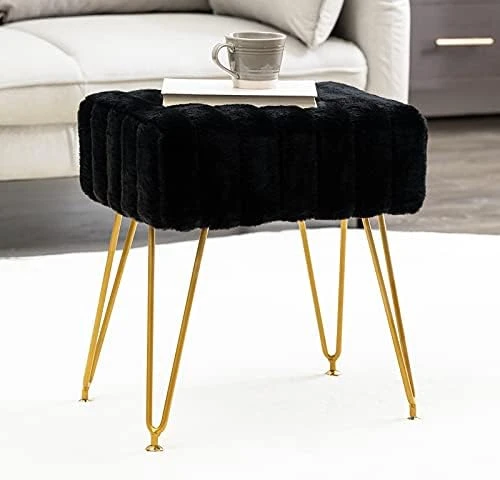 Modern Mink Square Footstool Ottoman Bench, White Faux Fur Vanity Stool With Gold Legs, Comfy Vanity Chair Entryway Bench, Makeup Stools For Vanity, Plush Fluffy Footrest For Bedroom, Living Room - Image 8