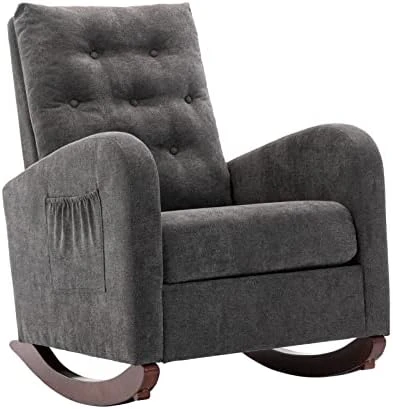 Modern Accent Rocking Chair, Upholstered Nursery Glider Rocker For Baby And Kids, Comfy Armchair With Side Pocket, Living Room Lounge Arm Chair, High Backrest With Decorative Buttons, Off White - Image 10