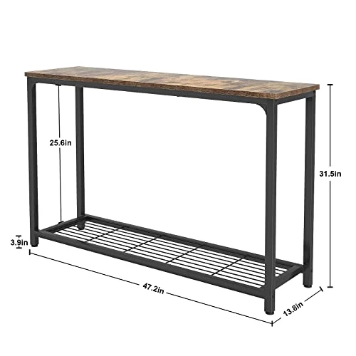 Ecoprsio 48 Inch Console Table, Long Sofa Table With Mesh Shelves, 2 Tier Entryway Table Foyer Table For Entryway, Front Hall, Hallway, Sofa, Couch, Living Room, Coffee Bar, Kitchen, Rustic Brown - Image 2