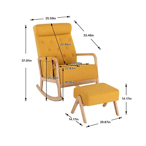 Rocking Chair With Ottoman, Mid-Century Modern Rocking Armchair, High Back Nursery Rocker With Button Tufted Back, Accent Glider Rocker Chair With Side Pocket For Living Room Bedroom, Yellow