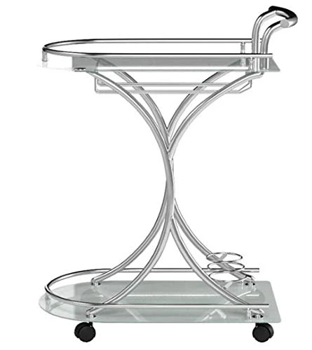Coaster Furniture Modern Contemporary 2 Shelf Serving Bar Cart Trolley Frosted White Tempered Glass Caster Wheels Wine Bottle Holder Stemware Rack Chrome 910002 - Image 2