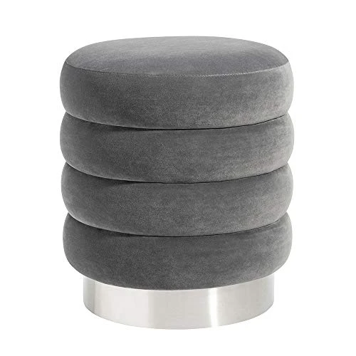 MEXIYA Della Grey Textured Velvet Ottoman With Silver Finish Stainless Steel Base,Pack Of 1 - Image 2