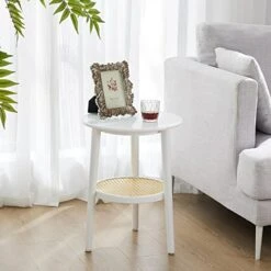 APICIZON Round Side Table With Storage, White Rattan Nightstand Bedside Table, Small End Table For Living Room, Bedroom, Small Spaces, Boho Accent Table Easy Assembly, 15 X 19.3 Inches