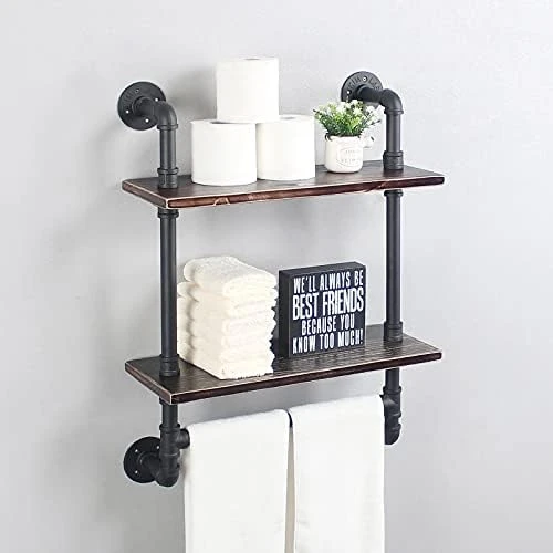 Industrial Pipe Shelf Bathroom Shelves Wall Mounted,19.6in Rustic Wood Shelf With Towel Bar,2 Tier Farmhouse Towel Rack Over Toilet,Pipe Shelving Floating Shelves Towel Holder,Retro Grey - Image 6