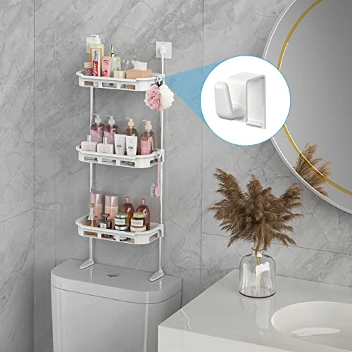 NiHome 3-Tier Over The Toilet Bathroom Organizer With Hooks, Wall Mount Space Saver Toilet Storage Rack - Easy Assembly, No Drilling Required (White) - Image 2