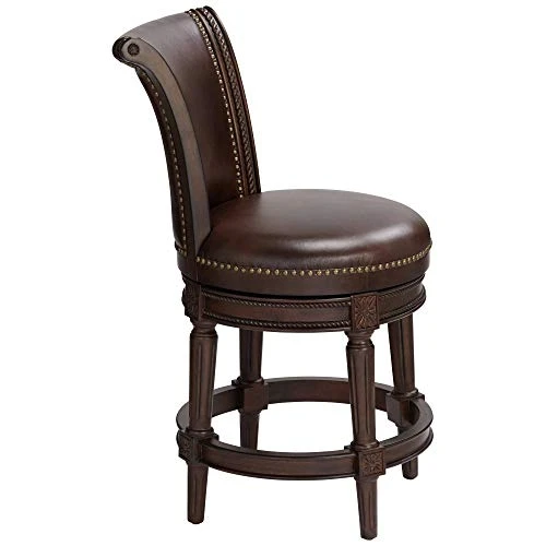 55 Downing Street Addison Walnut Wood Swivel Bar Stool Brown 26" High Traditional Scroll Mocha Grain Leather Upholstered Round Cushion With Backrest Footrest For Kitchen Counter Island Home - Image 5