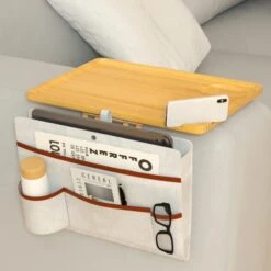 Couch Arm Tray Table Sofa Arm Clip Table,Armrest Tray Table Suitable For Home Drinks/Fast Food/Fruit Etc, Large Size Multi-Function Table Couch Arm Table Natural (with Sofa Armrest Organizer)