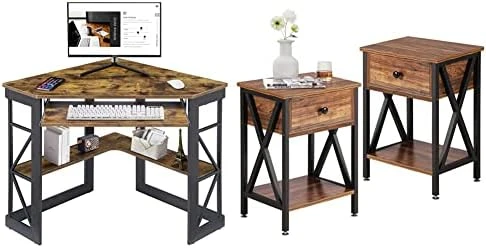 VECELO Corner Computer Desk 41 X 30 Inches, Antique Brown & Modern Versatile Nightstands X-Design Side End Table Night Stand Storage Shelf With Bin Drawer For Living Room Bedroom, Set Of 2 (Brown) - Image 8