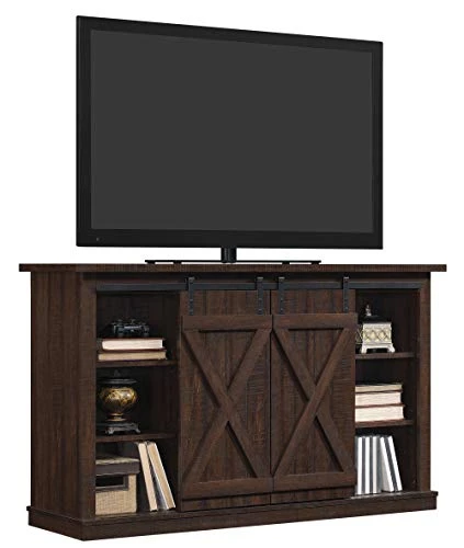 Twin Star Home Sliding Barn Door TV Stand, Sawcut Espresso