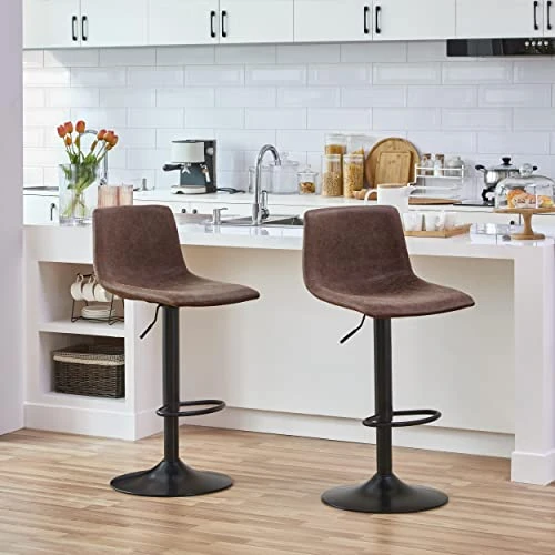 Yaheetech BarStools Modern Design Bar Stools Urban Industrial PU Leather Armless Chair Adjustable Height Swivel For Bar Counter Kitchen Set Of 4, Brown - Image 4