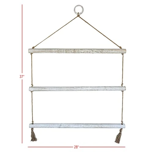 Foreside Home & Garden Hanging Blanket Ladder White Wood & Jute - Image 4
