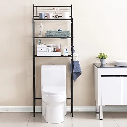 GOOITA 3-Shelf Over The Toilet Storage Bathroom Rack Space Saver Organizer Free Standing Metal Shelves With 4 Hooks, Black